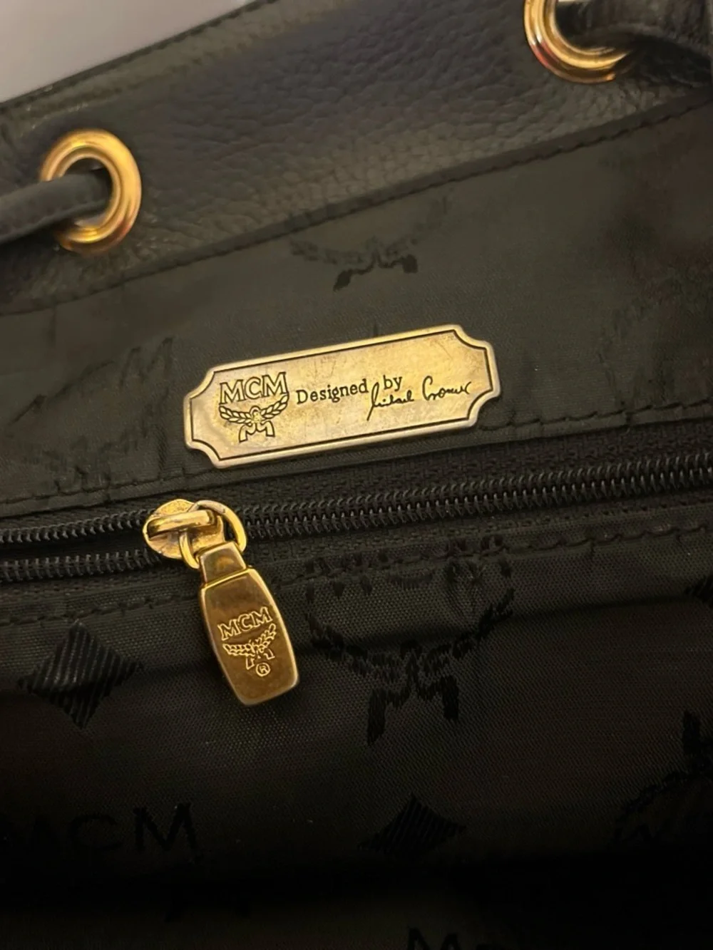 MCM Black Leather Logo Accent Backpack with Gold Plaque